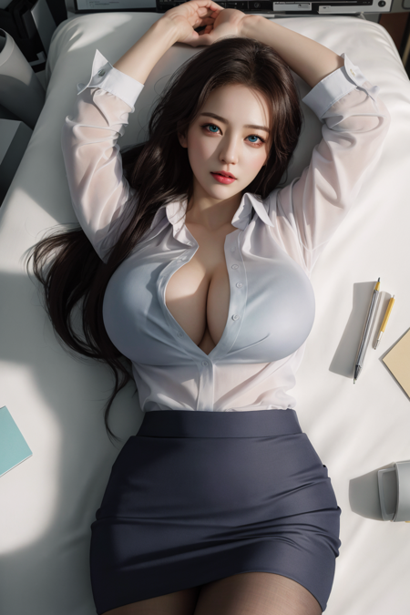 ((best quality)),absurdres,(ultra high res),(photorealistic:1.6), octane render,(hyperrealistic:1.2), (photorealistic face:1.2), 1girl, hot, (lying:1.4), office desk, half mouth open, skirt, open shirt, from above, office lady, young, pantyhose, huge breasts, perfect female body, (realistic:1.7), (8k), (Masterpiece),(realistic skin texture), (studio lighting),(beautiful eyes:1), <lora:officelady:0.5>