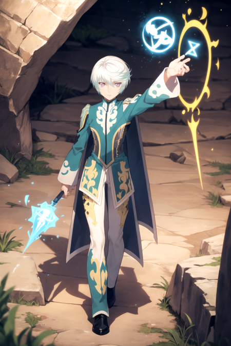 masterpiece, best quality, 1boy, mikleo, solo, solo, white hair, purple eyes, pants,  cape, full body, male focus, casting spell, mana, spell rune, cave backgound  <lora:Mikleo:1>