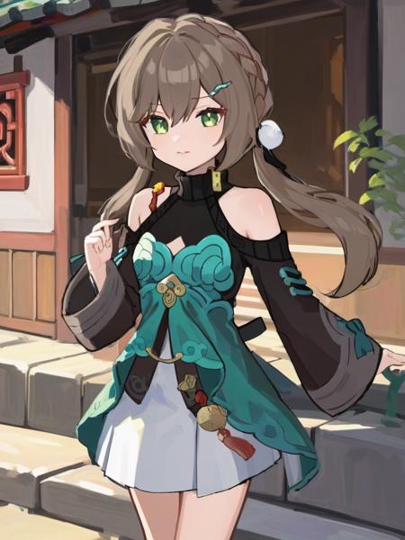 <lora:xl_qingque2:1>,qingque girl,green eyes,brown hair,Tailventure\(hairstyle)\,Skirtquest\(clothing)\,