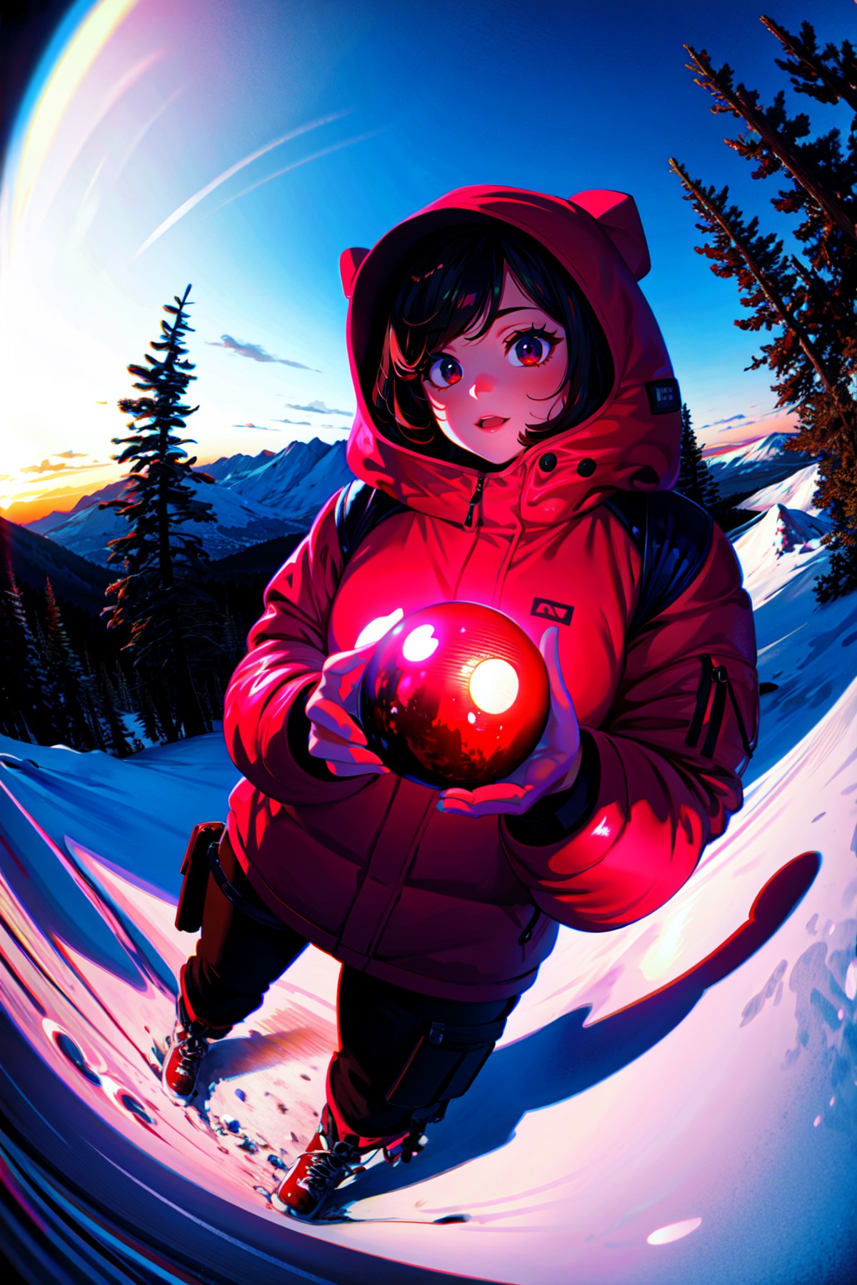 absurdres, highres, best quality, 1girl, mountain, snow, glowing, red outline, fisheye,