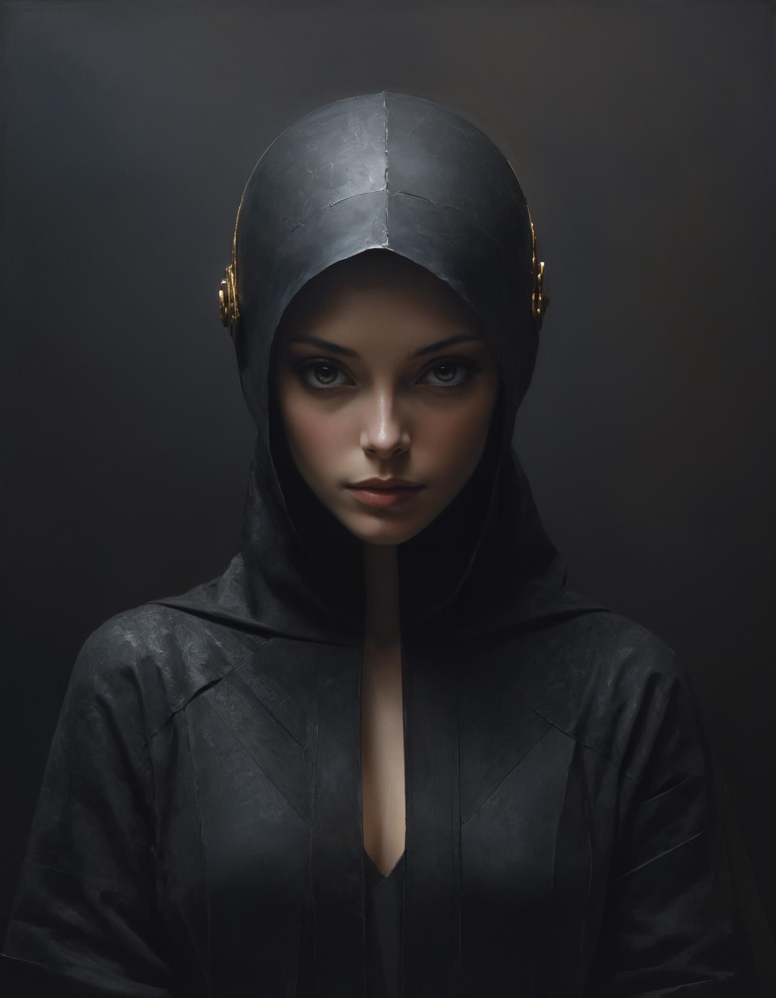 A woman wearing a black hooded robe with a gold clasp.
