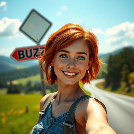 (young woman:1.3), (short red hair:1.2), charming freckles, (bright green eyes:1.4), casual attire, (hitchhiking:1.8), confident smile, (sign "BUZZ":2.0), (sunny road:1.3), gentle hills, lush fields, (atmosphere of freedom:1.4), anticipation, sunlight, vibrant colors, (adventure:1.5), photorealistic, (ultra-detailed:1.5), (hyper-realism:1.6), (natural lighting:1.4), (realistic skin texture:1.5) <lora:Flux:1>