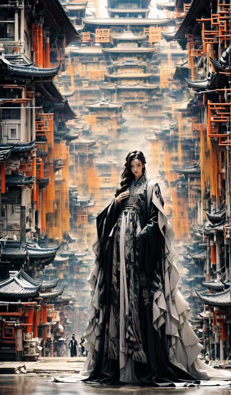 (dramatic, gritty, intense:1.4),masterpiece, best quality, 32k, insane details, intricate details, hyperdetailed, hyper quality, high detail, ultra detailed, Masterpiece, elaborate Hanfu(blue Hanfu:1.4)(Chinese architecture:1.5)blue
1 girls, smokefogA high fashion model, in an elaborate Hanfu designed by Alexander McQueen, stands amidst a bustling metropolis' futuristic architecture. This full body shot for Vogue, captured by Andreas Gursky, melds tradition and modernity
<lora:~Q?-[lIg
:0.9>