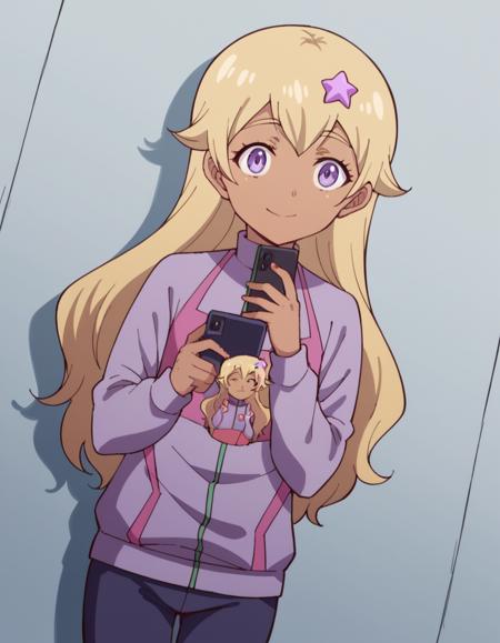 <lora:funicia-raffaeli-s1-ponyxl-lora-nochekaiser:1>, funicia raffaeli, long hair, blonde hair, hair ornament, purple eyes, dark skin, star (symbol), dark-skinned female, star hair ornament, jacket, pants, track jacket,