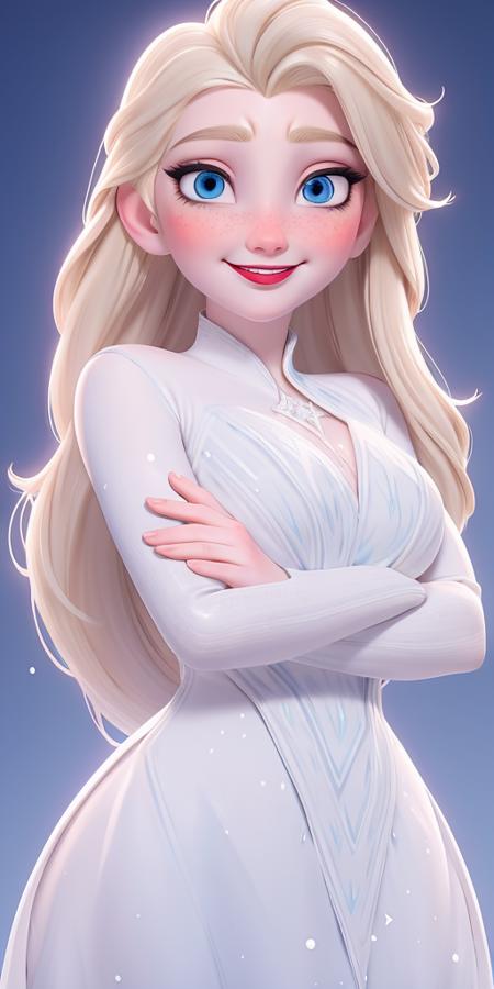 Blonde hair, blue eyes, pale skin, red lipstick, white sparkly dress, open-mouthed smile, raised eyebrows, relaxed expression,  <lora:Elsa:1>, breast, thick, standing, mountain, snow, arms behind back