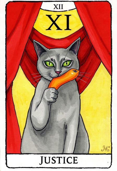 This image depicts a tarot card, specifically the "Justice" card, as indicated by the text at the bottom. The central figure is a gray feline with striking green eyes, holding an orange, somewhat limb-like object firmly in its mouth. The cat's expression appears intense and focused. Behind the feline, a dramatic swathe of deep red drapery forms the background, creating a sense of depth and perhaps solemnity. Above the cat and the drapery, a strip of light yellow is visible, suggesting a sky or a source of light. At the very top of the card, the Roman numeral 'XI' is prominently displayed, signifying its traditional number within the Major Arcana. The artwork has a distinct hand-painted or watercolor feel, with visible brushstrokes and a somewhat stylized, illustrative quality. The overall composition is simple yet impactful, drawing the viewer's eye to the central figure and its action, set against the rich red backdrop.
