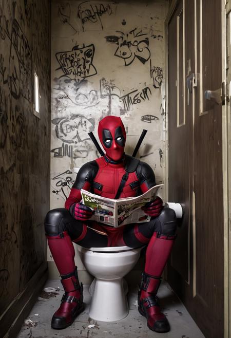 Deadpool sitting on a toilet, holding a magazine, small dirty toilet cabin, indoors lighting, graffitis on walls, front view, cinematic shot, ultra sharp, photorealistic, professional, 4k, highly detailed, film grain, Deadpool1024, <lora:add-detail-xl:1.5> <lora:Deadpool1024:0.8>