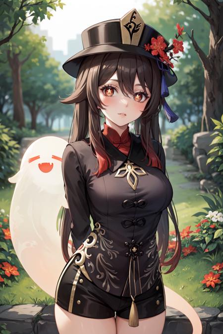 hu_tao, long hair, symbol-shaped pupils, twintails, flower, hair between eyes, long sleeves, hat, flower-shaped pupils, black headwear, hat flower, very long hair, chinese clothes, black nails, nail polish, ghost, shorts