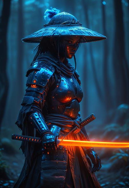 Female, beautiful samurai, Craft a captivating vibrant dark black-neon caption for a photo capturing the essence of a cyborg Bedouin sorcerer in fight stance, defying expectations by conjuring a whimsical robot 'freak' from an oversized sedge  hat. ethereal, smoky backdrop. throwing a translucent orange/tanslucent blue/black iaidow, weapon, katana, holding sword, ready to draw, sheathed, unsheathing, scabbard,, 
 very detailed, atmospheric haze, Film grain, cinematic film still, shallow depth of field, highly detailed, high budget, cinemascope, moody, epic, OverallDetail, gorgeous, 2000s vintage RAW photo, photorealistic, candid camera, color graded cinematic, eye catchlights, atmospheric lighting, skin pores, imperfections, natural, shallow dof