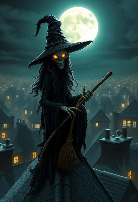 The image is a digital artwork with a dark, eerie, and haunting atmosphere. The scene depicts a witch figure perched on the roof of a cityscape at night, bathed in an eerie, glowing light from a full moon. The witch is an elongated figure with long, curly, disheveled hair and wears a tall, pointed hat that is adorned with a twisted design and tattered edges, casting a sinister shadow over her face. Her eyes are hollow and skeletal, giving her a ghostly appearance. She is dressed in a tattered, dark robe that billows around her, blending with the shadows.
The witch holds a traditional witch's broom, its bristles glowing with a faint, eerie light. Her fingers are skeletal, adding to her haunting appearance. The cityscape below is a maze of rooftops and chimneys, illuminated by numerous, glowing orbs, creating a mystical, otherworldly glow. The rooftops appear to be covered in a thick layer of snow, adding to the eerie, wintry atmosphere.
The background features a massive, glowing full moon, casting an ethereal light over the scene. Dark, stormy clouds swirl around the moon, with bats flying in the distance adding to the ominous atmosphere.