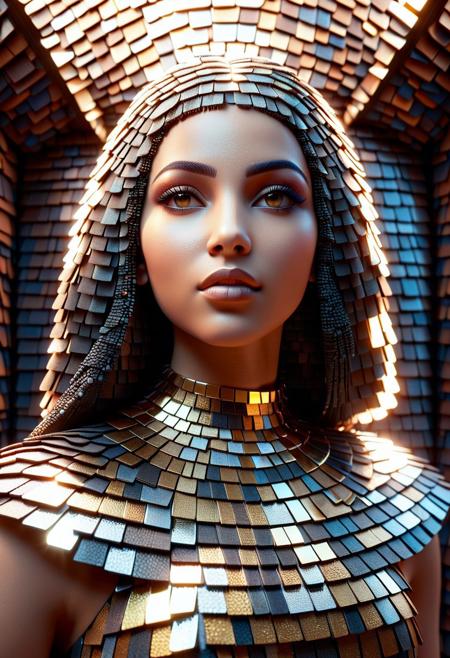 Ultrarealistic. sharp focus, dynamic lighting. play of light, reflection, refraction, Raytracing, Ultra detailed. Young Egyptian princess made of mad-shingles in a spaceship.