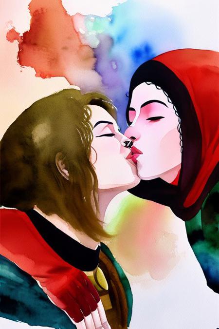 (oot fanart:1.1) (arabic gerudo valley 1girl:1.1) tribe woman kissing (ganondorf  villain 1boy:1.1) on the cheek kissingcheek hetero <lora:wcolors-step00001100:0.9> watercolor painting <lora:kissingcheek:1>