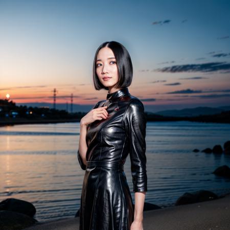 8k,4k,intricate details, RAW photo, ultra realistic,best quality,masterpiece,ultra detailed,high resolution,ayano omoto, 1girl,solo, outdoors,beach background, bob cut hair, shiny,tight long black  dress,night city,,slender,
<lora:AyanoOmotoBRAv2:0.9>  <lora:AsianPussy1 v2:0.3> <lora:more_details:0.6>