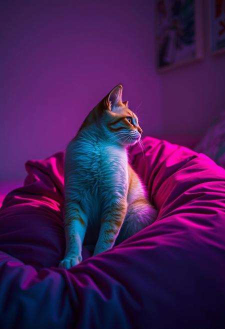 (Soft Lighting Photography by Mimoza Veliu and Mario Giacomelli:1.2), NSFW, A cat sitting in a large beanbag, magenta grunge, in profile, side view, surrealism, fashion illustration, bed room background, avant-garde, vivid colors, filigree, photorealistic rendering, moody chiaroscuro lighting