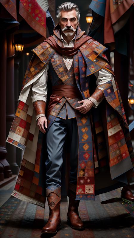 a detailed (full body:1.2) (from side:1.2), (from distance:1.2) photography of a man, colorful patches, billowing gleeman cloak, red pants, white shirt, boots, (symbols, musical notes on patches, intricate needlework:1), mustache
realism, dynamic shadows, uhd, 8k, modelshoot style,
night, darkness
in  victorian city  <lora:Thom Merrilin_g2_e1_09:1> <lora:LoconLoraOffsetNoise_locon0501:1.30>