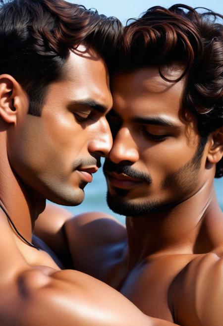 Two Indian men in an intimate embrace, their bodies intertwined in a passionate display of affection. The scene is bathed in warm, soft light that casts a glow over their tan skin, emphasizing the muscles and curves of their bodies. The man on the left has long, wavy auburn hair that falls across his shoulder and onto the other man's chest, while the man on the right has short, dark curls that frame his face. Their eyes are closed, lips parted, and expressions serene as they lose themselves in the moment. The man on the left has a slender build with defined abs and a hint of a trail of hair leading down to his groin. The man on the right is slightly taller and more muscular, his arms wrapped tightly around his partner. The background is blurred, adding to the sense of intimacy and focus on the tender embrace between the two gay men.