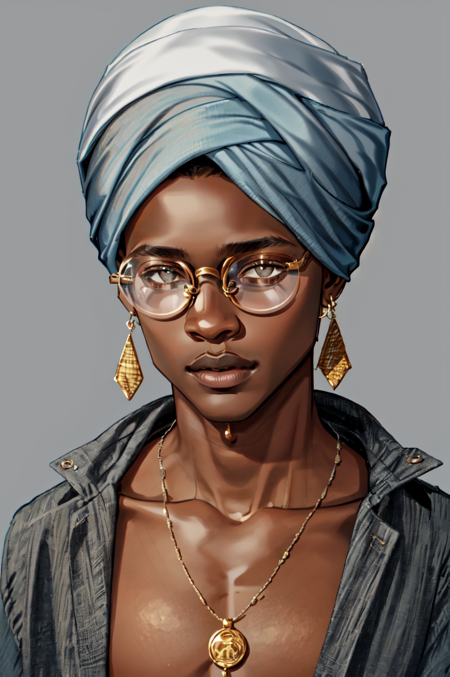 <lora:Dark_Fantasy:0.7> Dark_Fantasy_Style, solo, looking at viewer, simple background, 1boy, jewelry, collarbone, male focus, earrings, glasses, dark skin, grey background, necklace, lips, colored skin, dark-skinned male, round eyewear, grey skin, very dark skin, turban