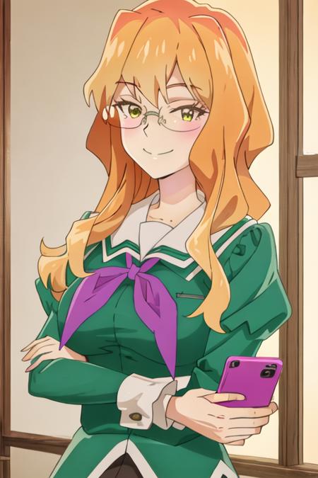 best quality, masterpiece, highres, solo, {chibana_sumika_watashinoyuriwaoshigotodesu:1.15}, long_hair, blonde_hair, glasses, green_eyes, smile, 1girl, blush, cellphone, closed_mouth, holding, holding_phone, phone, smartphone, bangs