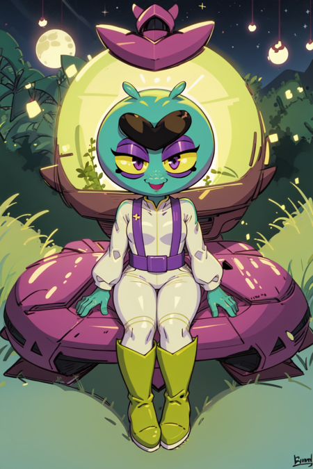 eveBS, 1girl, no humans, no hair, colored skin, green skin, colored sclera, yellow sclera, eyeshadow, monobrow, white bodysuit, long sleeves, suspenders, purple belt, boots, green footwear