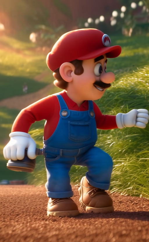 pixar style, mario bross, smile, smiling, excited, field, natural skin texture, big eyes, walking, looking to the side, lo...