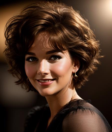 <s7s2pl>, close portrait photo, l short hair, brown hair, smile, Black background, warm light