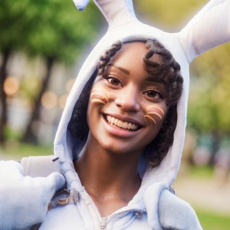 a woman walking in a park <lora:Bunny BrawlerLunaLoRA:1> luna, dressed, bunny, with, ears, and, mask, big smile, beautiful eyes, beautiful girl, high detail skin, high detail eyes, high detail hair, highres, ultra detailed, horny smile, Highly detailed,masterpiece, best quality