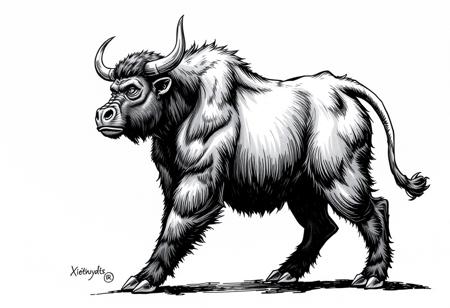 fantasy, ink art, comic style art, bull is standing with four feet, front orangutan's feet has 3 claws, muscular , looking at left