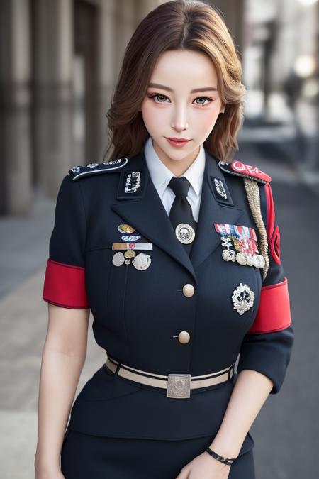 (8k, RAW photo, best quality, masterpiece:1.2), (realistic, photo-realistic:1.37),\(ulzzang-6500-v1.1\),\(detailed eyes\), \(detailed facial features\), \(\(detailed clothes features\)\), (upper body),(large breasts),(face focus),extremely detailed CG unity 8k wallpaper, huge filesize, ultra-detailed, highres, absurdres,beautiful eyes,ray tracing, dramatic shadows,fine detail,dramatic angle,high saturation,lens flare,(standing),soft light,Detailed skin texture, detailed clothing texture,looking at viewer,
1girl, solo,red armband,badge, necktie,light blush,(smile face,happy),solo, <lora:german_uniform-000018:0.6> german/(military uniform/),short pencil skirt,Monica Bellucci,