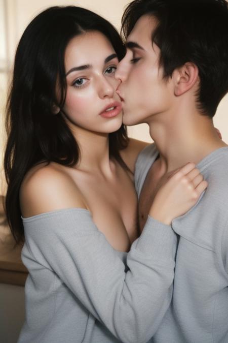 too cute to be true, mature woman,  close-up, messy hair, (nip slip:0.2), baggy clothes, armpit, full body, natural, no makeup, looking at viewer, finger on her lips, (((two men and one woman))) (((men kissing woman))) , threesome, (((two men)))