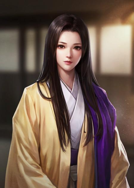 (8k, RAW photo, best quality, highres:1.2), (realistic, photo-realistic:1.37) , japanese female, japanese, letterboxed, solo, 1girl, long_hair, japanese_clothes, black_hair, purple and golden kimono, brown_eyes, (pale skin:1.2), [anger]