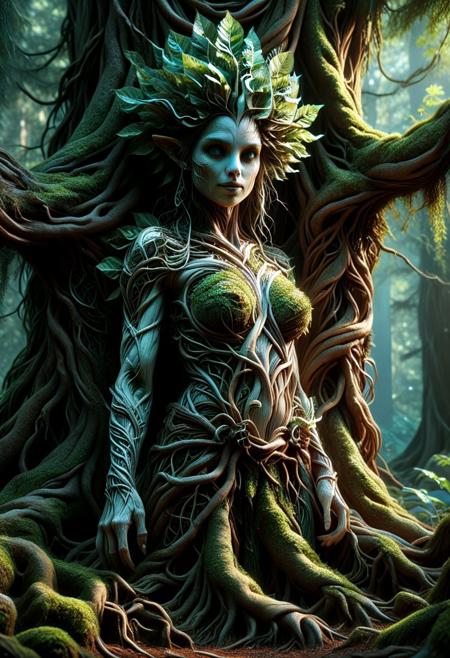 create an image with this prompt.   Create a hyper-realistic scene of a stunningly beautiful female dryad living in a redwood tree,  in 8K resolution with intricate, lifelike textures and fine details. The composition is rendered with photorealistic quality, using advanced lighting, shadows, and reflections to emphasize realism. Every element, from the subject to the background, is crafted with meticulous attention to detail, capturing natural depth, accurate proportions, and true-to-life materials. The atmosphere is immersive and visually arresting, highlighting realistic textures, subtle nuances, and dynamic elements like natural light or motion. The overall effect should feel stunningly lifelike, evoking realism in every aspect.Unreal Engine, photorealistic, hyperrealistic, and visually arresting. Rendered in 8K, hyperrealistic, with fine intricate details.