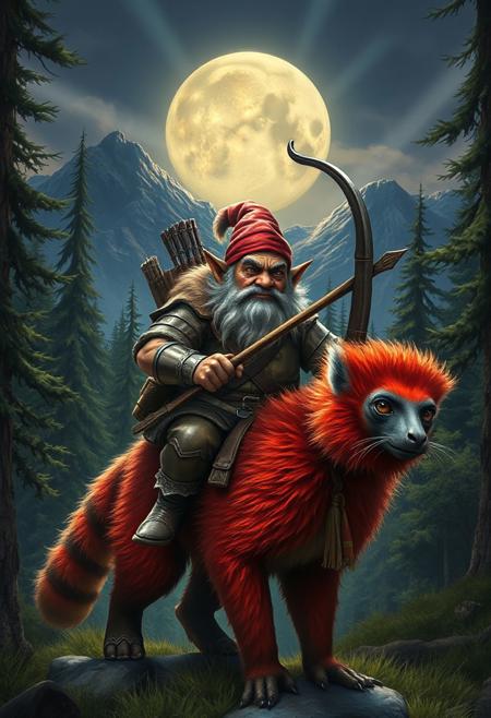 (masterpiece hyperrealisitic, medium format camera shot, moon beams,  fantasy concept art 8k, high quality, detailing, textures)  A grumpy, seasoned armored gnome archer ranger riding a vibrant red furred lemur through a lush forest, dnd setting, mountains in the background