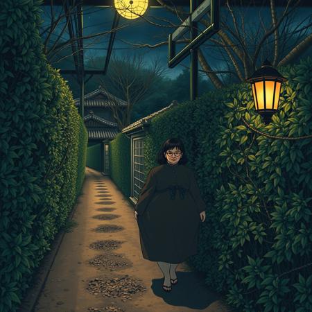 chubby mature woman eerie hedge maze by night  dirt path agoura shibari art style of Ozuma Kaname