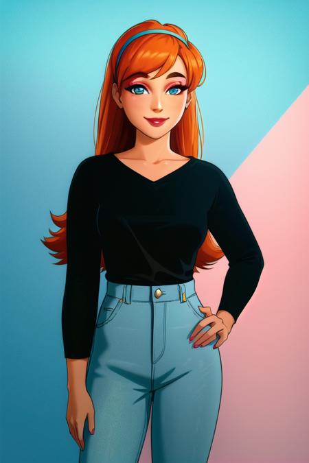 <lora:jasmine_fenton:0.6>, jasmine fenton, masterpiece, best quality, 1girl, solo, smile, long hair, hairband, makeup, skirt, lipstick, orange hair, black shirt, hand on hip, shirt, looking at viewer, standing, long sleeves, red lips, aqua eyes, pants cowboy shot, aqua pants,