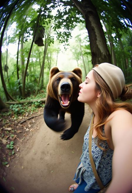 kodak medium format film grainy soft focus Selfie, fisheye lens, photorealistic girl traveler kissing angry bear and running : in the background, angry bear, jungle