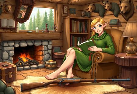 Lovingly drawn artwork showing interior of a cozy countryside cabin with a fireplace, bookshelf and wall lined with bear trophies. A smiling elven ranger clad in green tunic that hugs her lithe and athletic build is relaxing in a comfortable armchair with a book in her hand and smile on her lips, her perky face framed by short blonde hair and her blue eyes alight with feeling of job well done. Her bare feet are resting on a fluffy bearskin rug A long rifle is lying on a table