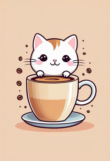 Adorable vector art of a kawaii cat with coffee theme, Cute and colorful design, Playful expression, Whimsical background, (Flat color scheme:1.2), Perfect for stickers or merchandise.