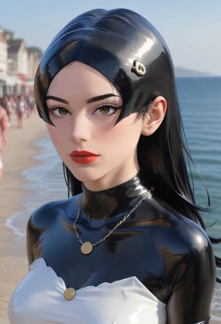 (shnywrld:2.5), score_9, score_8_up, score_7_up, score_6_up, score_5_up, score_4_up, UHD, 8K, masterpiece, detailed, ultra_high_resolution, lots of detail, female face, (latex hat:1.6), colorful large latex summer hat, (seaside:1.6), Fr4nc1n3Sp4g