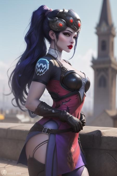 widowmaker\, (overwatch\), masterpiece, lip bite, collarbone, colored skin, side view, hair pulled back, looking at viewer, head-mounted display, red lips, long hair, makeup, ponytail, purple lips, ((purple skin)), (masterpiece:1.3), (best quality:1.3), ((bell tower)), tshirt, skirt, blurred background, gloves, (corneo_widowmaker:0.6), <lora:widowmakerOverwatch3_v15:0.55>