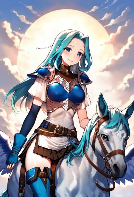 1girl,<lora:fiora fehXL:1>,fiora feh,breastplate,shoulder armor,asymmetrical gloves,white dress,slit skirt,belt,thigh boots,riding pegasus,smile,sky,ultra-detailed,best quality,masterpiece