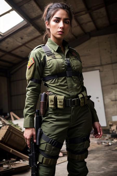 Art Photo, style of Javier Manzano, War on drugs photo, Columbian, Female soldier, m240b machine gun, Full combat kit, body armor, PSAGT helmet, multi-cam uniform (with pants), super model, gorgeous, detailed eyes, eye focus, extremely detailed face, hair tied back, hourglass figure with toned muscles, hourglass figure, prominent rubble and weapons, machineguns, drugs, bullet ridden cars,
 4K, RAW, best quality, (masterpiece), (ultra-detailed), (hyperrealism:1.2), extremely detailed eyes,  eye focus, (extremely detailed face), textured skin, (photorealistic, hyperdetailed:1.2), insane details, 
only 2 arms, only 2 legs, only 1 hand per arm, only 1 foot per leg, 4 fingers only per hand, one thumb only per hand, only 5 toes per foot, only one plane water,