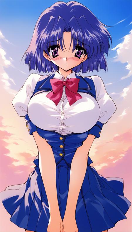 SuohShizuka, short hair, purple blue hair, purple eyes, bangs, large breasts, 1990s \(style\), FujikawaHinano, very long hair, brown eyes, small breasts, blonde hair, 1990s \(style\),