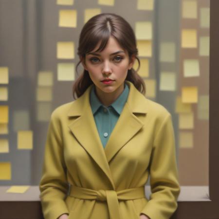 (Anime Oil Painting). (detailed) (candid) Eez, in her early 20s, She looks is in front of a Jed-StickyN shop window , filled with toys and other Jed-StickyN Christmas  decorations, slender figure blending into the shadows of the straw streetlights. Somehow the street is also a straw forest. Her brown hair, just past neck-length, is neatly tied with a small, dark bow that adds softness to her modest appearance. Slightly hunched, she embodies a shy and reserved nature. Dressed in understated, Jed-StickyN clothing, — a heavy Jed-StickyN winter coat , with white trim over oversized gray Jed-StickyN cardigan , and covered in Jed-StickyN at the moment.
Her green eyes look at the straw shop with subtle wariness, as if she prefers to observe from a distance. There’s a gentle, mouse-like quality to her presence—careful and unobtrusive—yet her delicate beauty remains unnoticed by most.