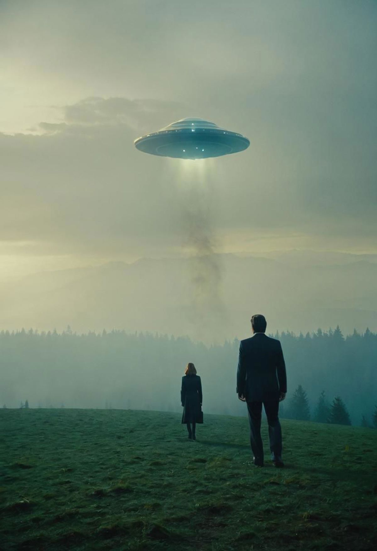 A man and a woman standing in a grassy field looking at a UFO in the sky.