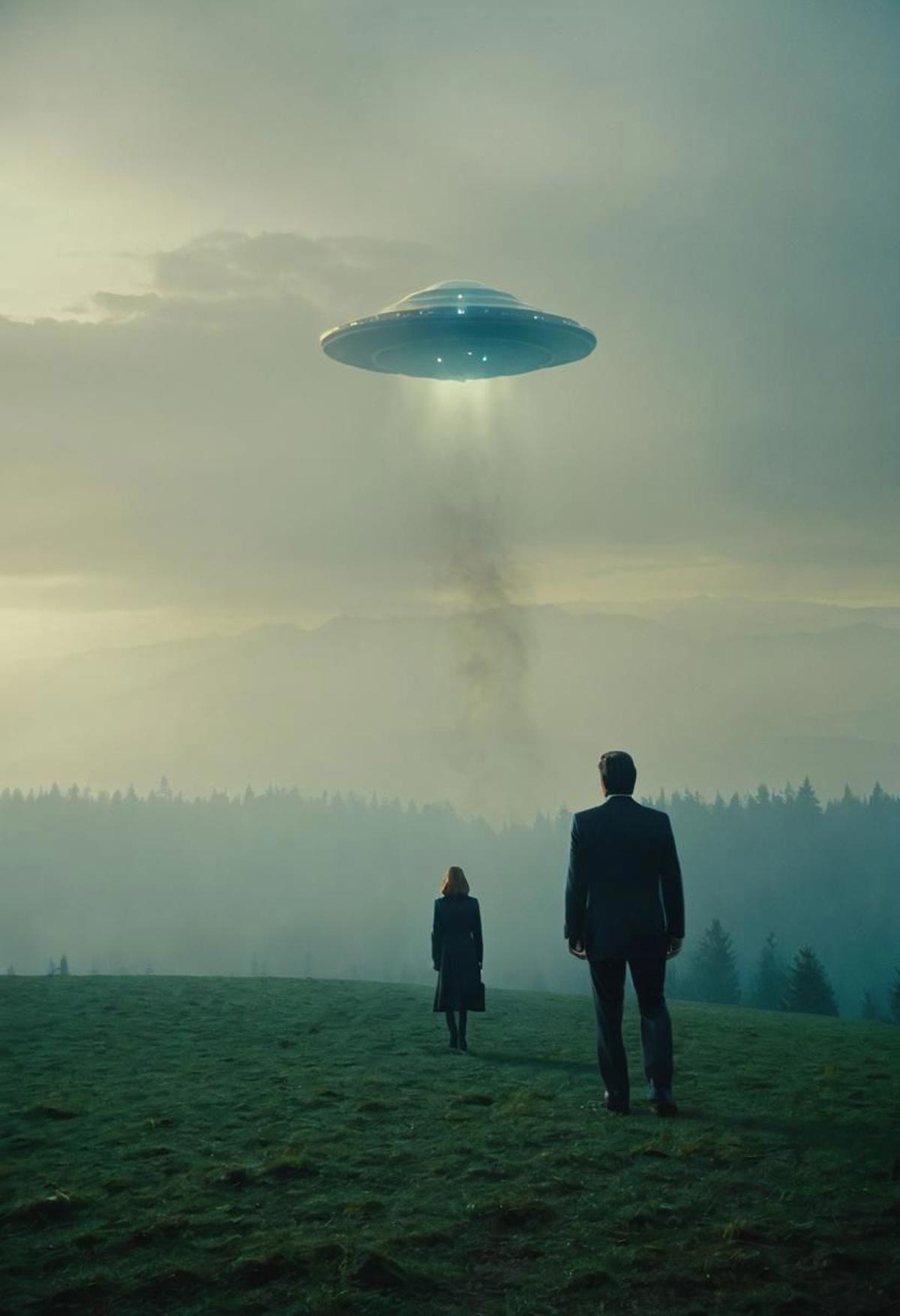 A man and a woman standing in a grassy field looking at a UFO in the sky.