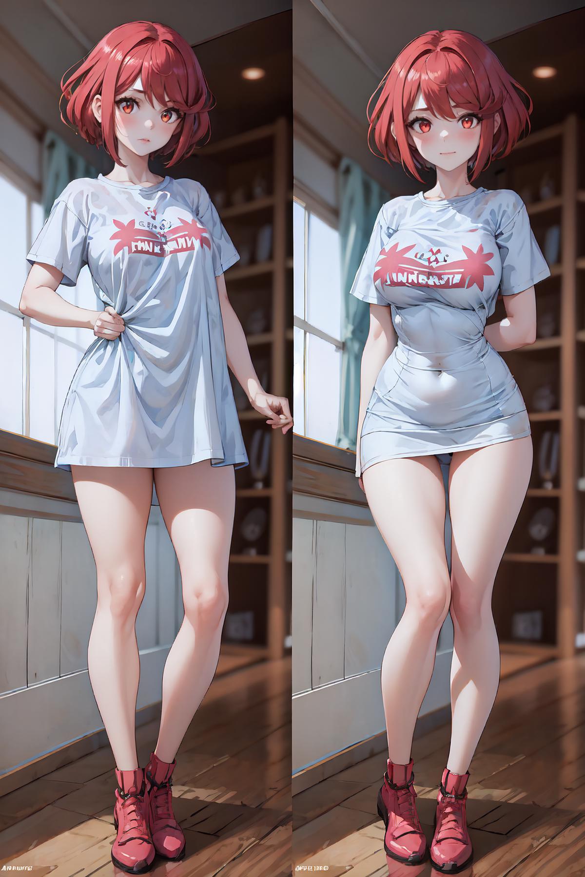 Two images of a woman in a tight shirt and short shorts.