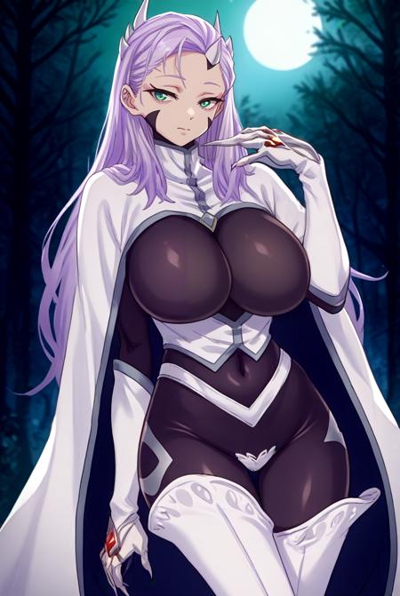 naonyuno,green eyes, purple hair, long hair, sidelocks, parted bangs, hair ornament, single horn, forehead mark,facial mark, black bodysuit, skin tight, covered navel, framed breasts, corset, high collar, white gloves, claws, white cape, thigh boots, white legwear, white panties, long sleeves, makeup