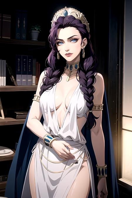 masterpiece, best quality,  (upper body:0.5), solo,     <lora:CARTOON_Hera_bloodofzeus_aiwaifu-10:0.5>,      Hera_bloodofzeus_aiwaifu,aiwaifu,long_hair,jewelry,earrings,makeup,lipstick,blue_eyes,braid,purple_hair,breasts,dress,bracelet,single_braid,eyelashes,hoop_earrings,cape,very_long_hair,cleavage,eyeshadow,armlet,two-tone_hair,choker,asymmetrical_hair,long_skirt,side_slit,armband,bangle,blue_dress,                realistic, photo-realistic,specular details,ultra-detailed, highly detailed, well defined objects,  8k uhd, dslr, soft lighting, high quality, Fujifilm XT3, (high detailed skin:0.3), (absurdres, highres, incredibly_absurdres:0.2),scenery,masterpiece,