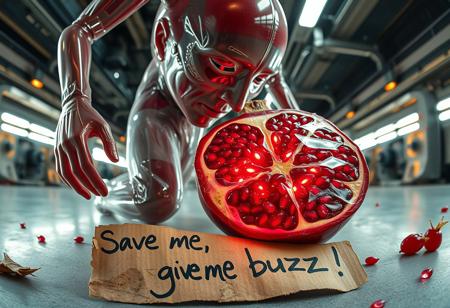 “Plastic Man morphing into a pomegranate, blending human and fruit features with intricate high-technology details. His body exhibits glossy, translucent plastic textures merging seamlessly with the vibrant, textured pomegranate skin and exposed jewel-like seeds. Random, glowing, fancy spots illuminate the scene, resembling futuristic bio-luminescence. A rotten piece of cardboard lies in the foreground, damp and crumpled, with bold, messy handwriting that reads: ‘Save me, give me buzz!’ The setting is an abstract, high-tech environment, filled with mechanical and organic elements. Rendered with cinematic prime lens effects, using a fisheye 12mm perspective for dramatic distortion and dynamic depth, showcasing surrealism with stunning visual clarity.”