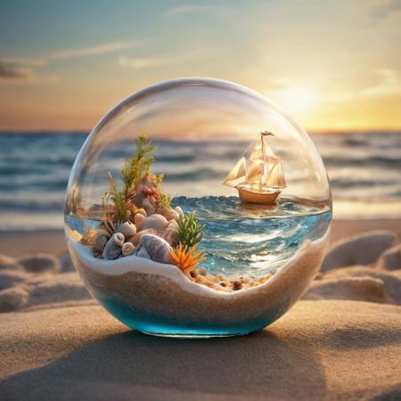Eye-pleasing spherical glass terrarium containing a small sunny seascape with beach waves, sea water and a sailing boat. 
3D terrarium background, 
Beach with sunset, phosphorescent rocks powered by light or solar energy, seashells, high definition